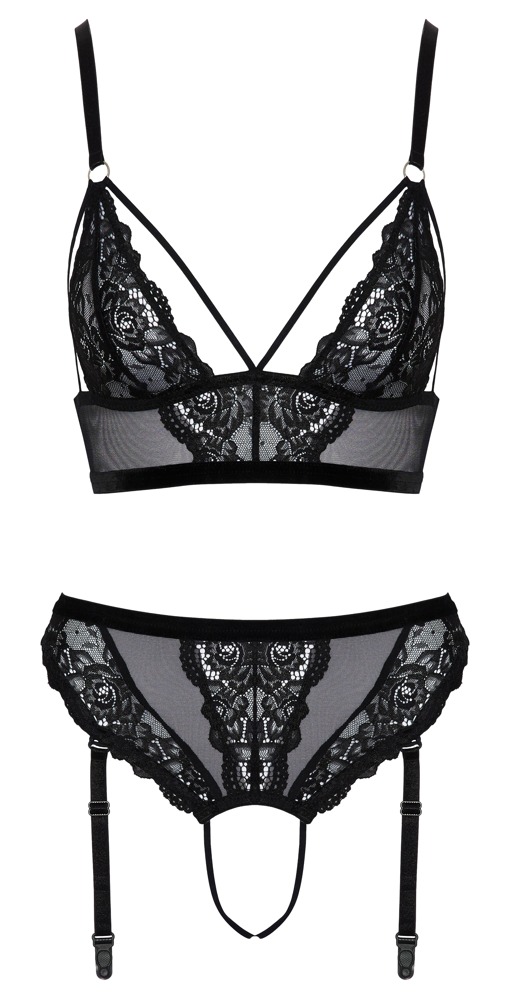 Bralette plus Straps-Slip ouvert im feinen Mix aus Spitze und Powernet