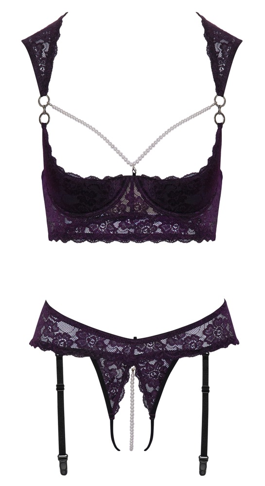 Hebe plus Straps-String ouvert aus Lila-Stretch-Spitze mit schwarzen Details